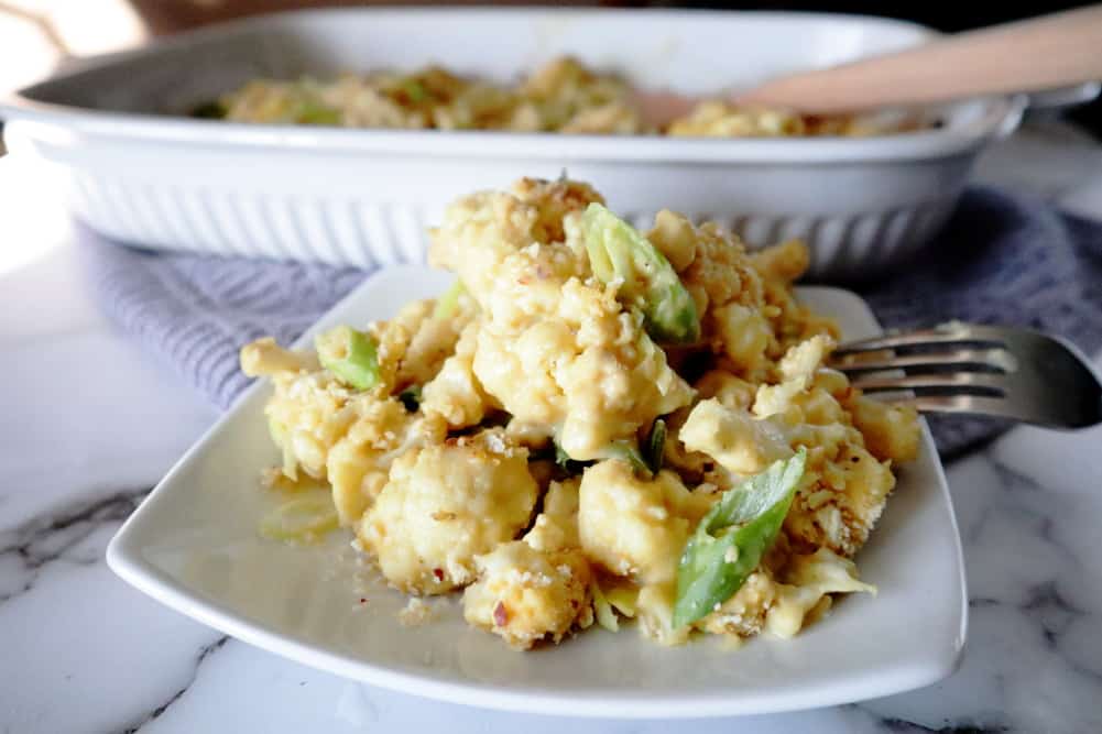 Creamy cheese cauliflower baked casserole recipe vegan gluten free