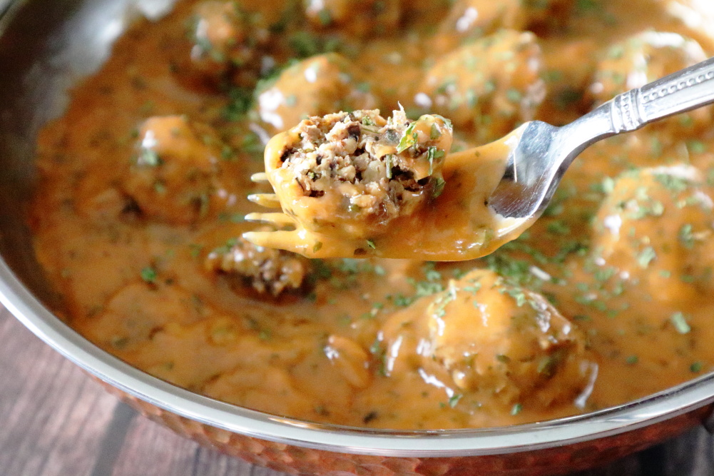 Savoury Mushroom Meatballs in gravy recipe plant-based gluten free